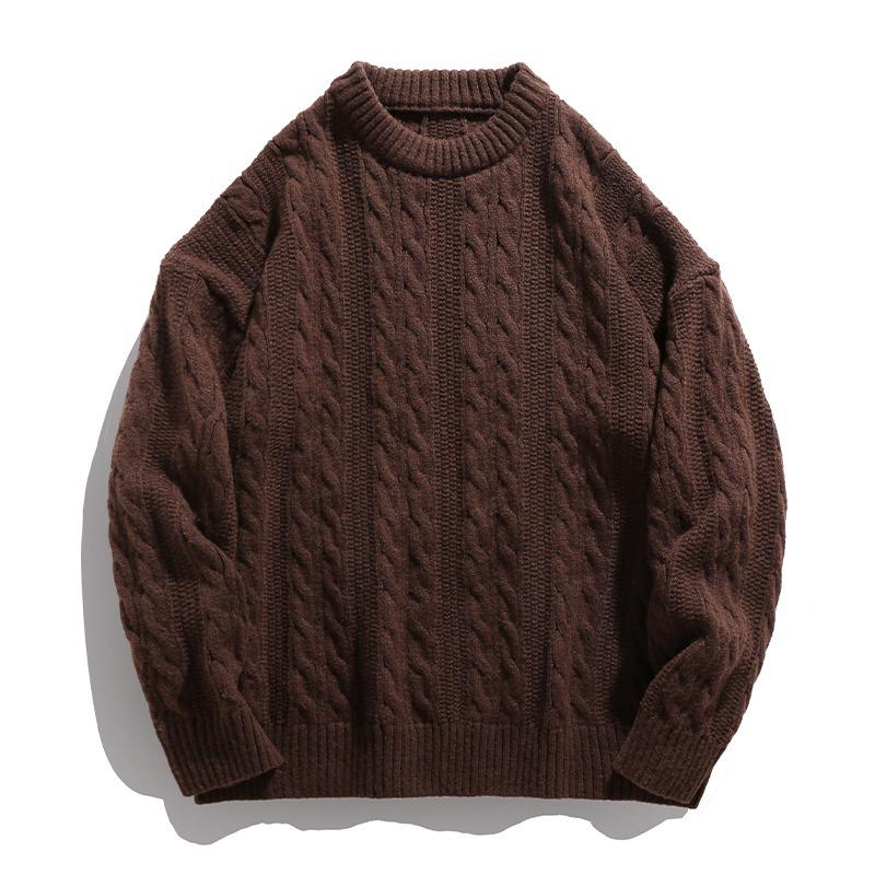 Unisex Japanese Retro Cable Knit Sweater, Round Neck, Loose Fit, Casual Autumn Style