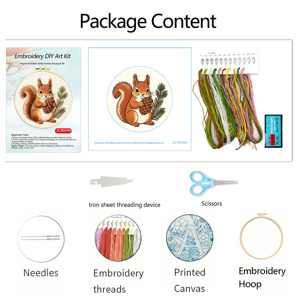 Cute Squirrel Hand Embroidery Kit, Set with 20 Cm Embroidery Hoop, Scissors and Needle Threader, DIY Wall for Bedroom