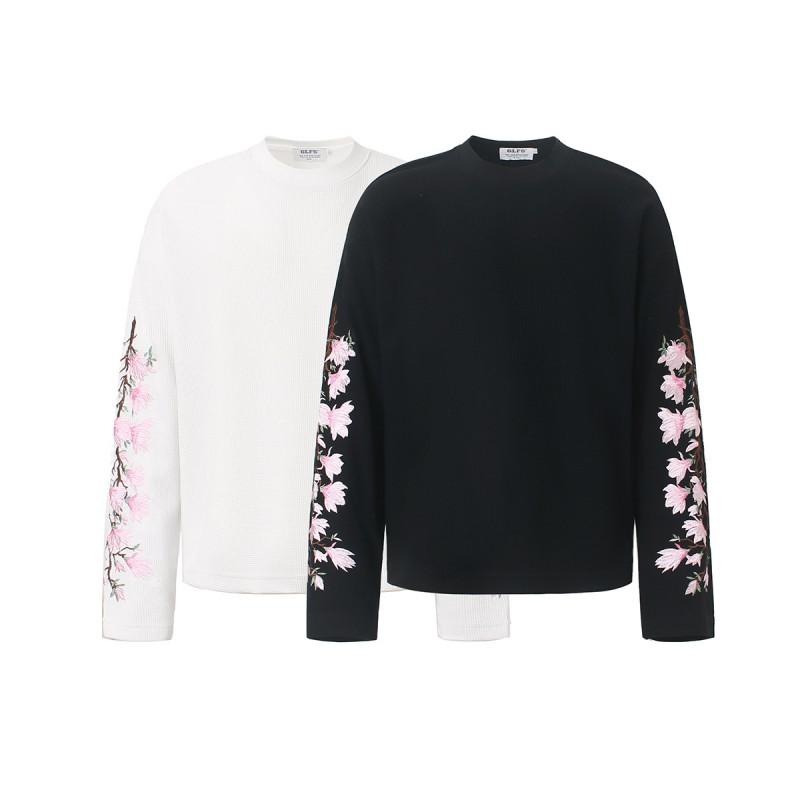 2026 American Street Floral Embroidery Long Sleeve Waffle Knit Crew Neck Sweatshirt Teens