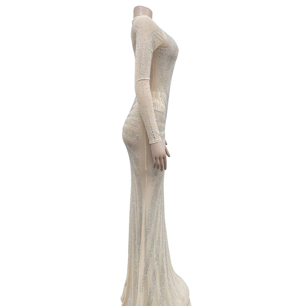 Vestido de noche Vestido largo de manga larga con diamantes de imitación transparentes de malla de color sólido para mujer a la moda