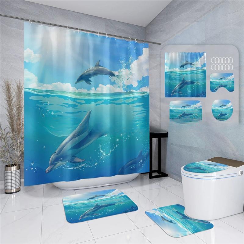 18 Colors 4Piece Marine Style Dolphin Waterproof Shower Curtain Set Anti-slip Mat Base Carpet Toilet Cover Pad Bathroom Kit
