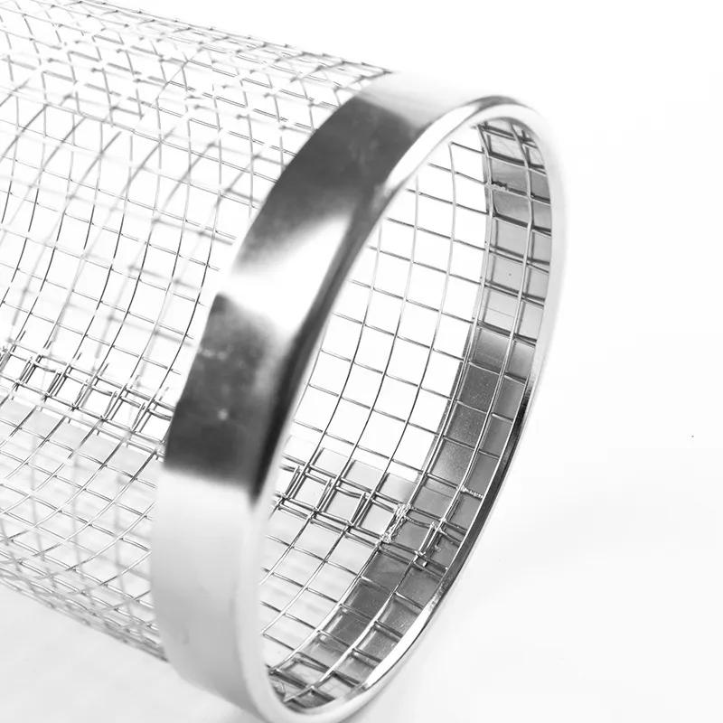 Stainless Steel Barbecue Cooking Grate Mesh Rotation Cylinder Cage Camping Picnic Cookware Outdoor Round BBQ Net Tube Campfire Grill Rolling Basket