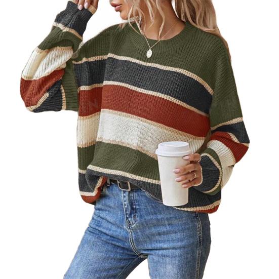 Women Sweater Round Neck Long Sleeve Knitted Tops Striped Print Loose Fit Soft Elastic Warm Winter Sweater