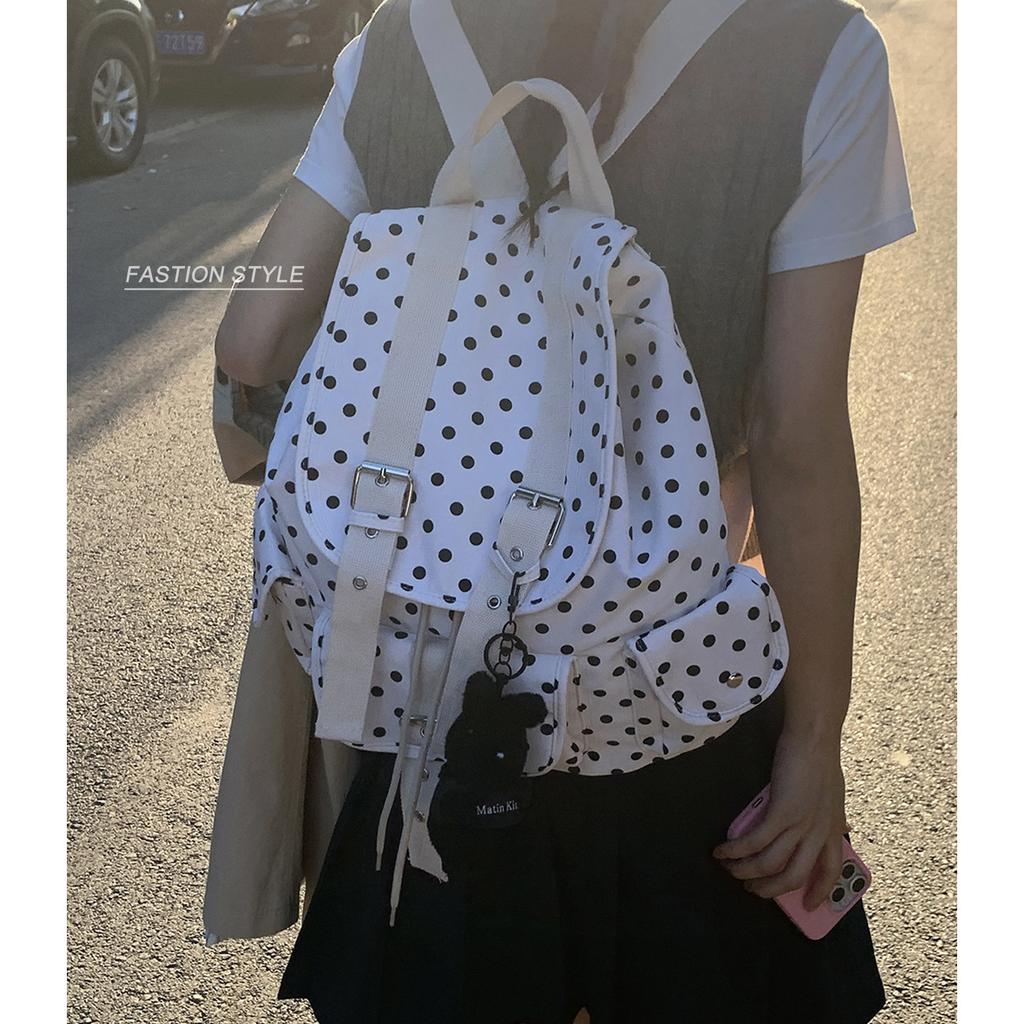 Korean Version of College Style Casual Schoolbag Women's 2025 New Canvas Bag Polka Dot Printed Backpack One Piece