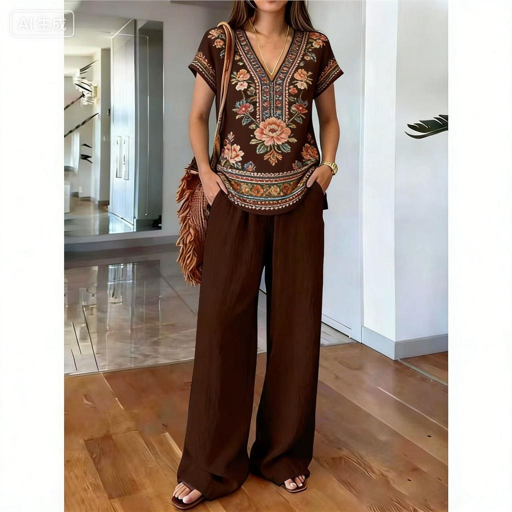 1116 New Light Luxury European and American Style Printed Two-piece Set, Printed Top, Comfortable Elastic Wide-leg Pants Women's Suit