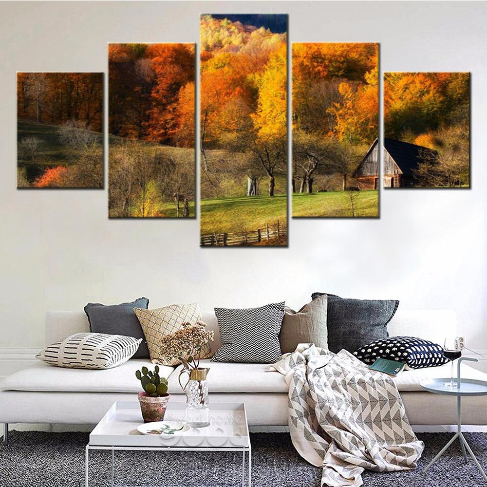 5 Piece Canvas Wall Arts Poster Painting Fall Barns Nature Forest Grass Hill Landscape Modular Home Decor Picture Print Bedroom No Frame