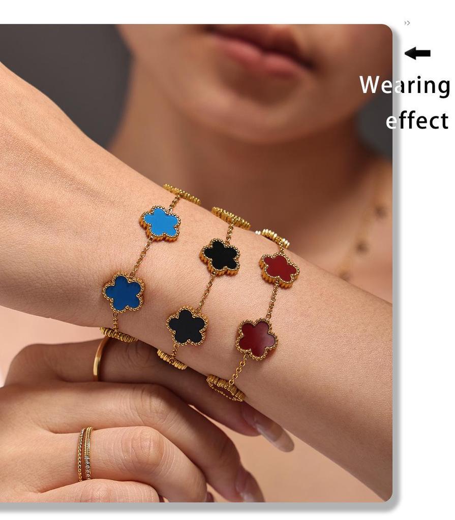 Qiongyao Multi-Color Agate Five-Petal Flower Stainless Steel Bracelet – Light Luxury, Best Friend Gift, In Stock.
