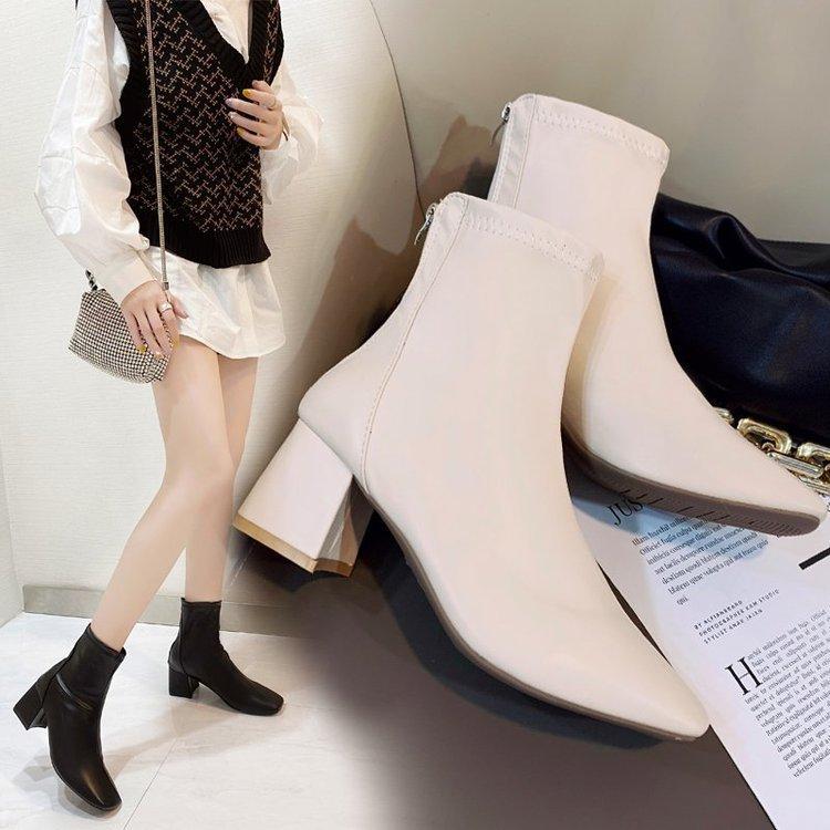 Martin Boots Women's 2025 New Women's Boots Winter European and American Style Square Head Rear Zipper Leather Boots Women's Thick Heel Medium Heel