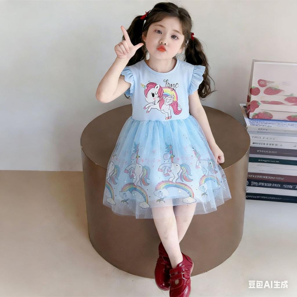 Robe Princesse Fille Été Licorne Imprimée Coton Manches Courtes Tulle