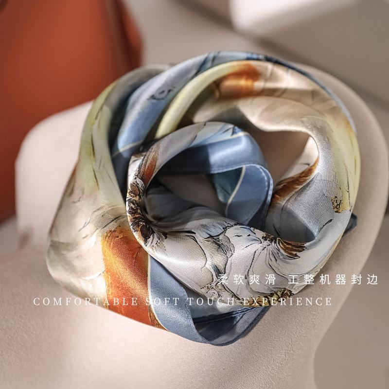 100% mulberry silk square scarf spring oil painting flower printing silk scarf women's versatile fashion small square scarf