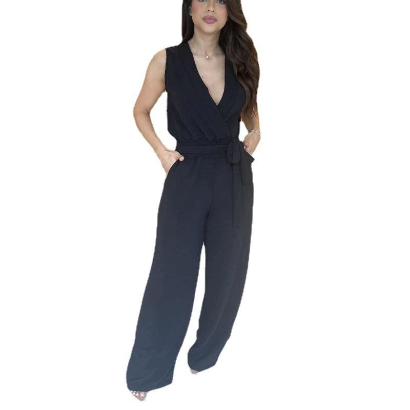 2024 Spring Women's Solid V-Neck Sleeveless Tie-Waist High-Waist Wide-Leg Jumpsuit