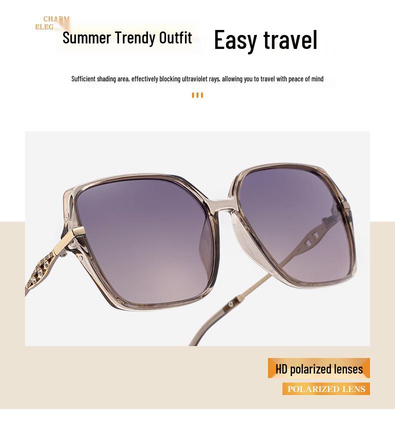 Women's High-End Rhinestone Large Frame Sunglasses with Hollow Zinc Alloy Legs and HD Polarized Lenses