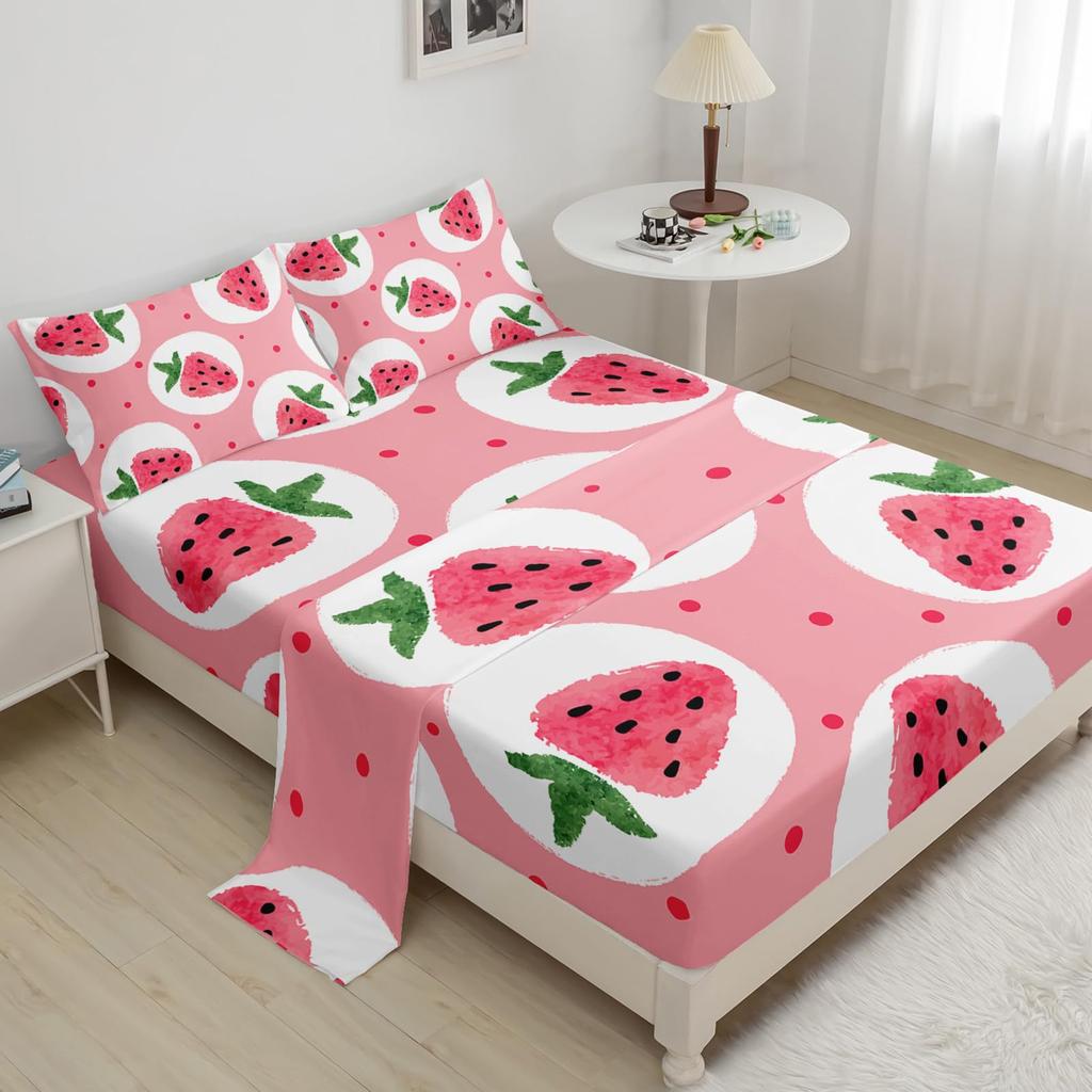 Cartoon Fruit Strawberry Pattern Bed Hat Four-Piece Bedding Set Bedroom Dormitory Bedding Decoration