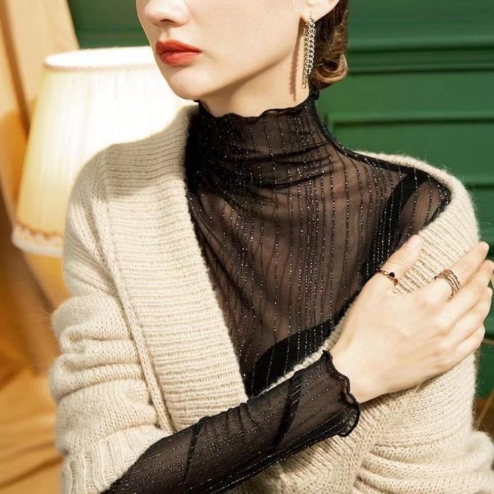 Women T-Shirt See Through Transparent Mesh Tops Long Sleeve Slim Ladies Turtleneck Silk Ruffled Edge T Shirt Lace Crop Top