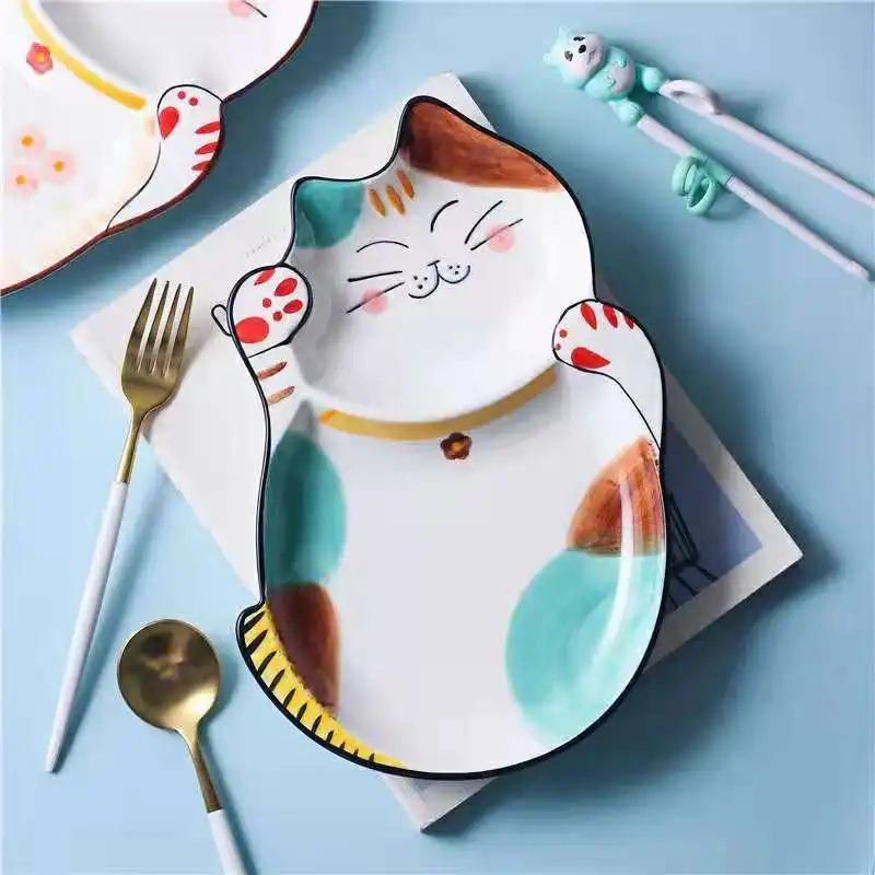 Japanese-style Lucky Cat Pattern Ceramic Plates Creative Dinner Tableware Cartoon Plate Sets Kitchen Lovely Dishes Porcelain