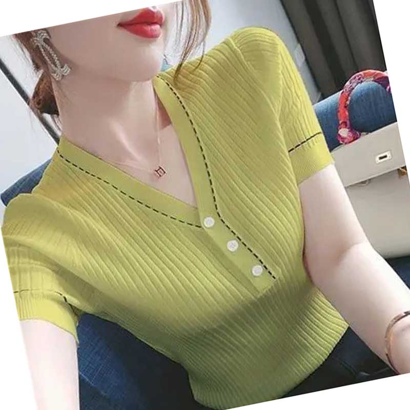 Ice Silk V-Neck Short Sleeve T-Shirt Simple Versatile Slim Fit Thin Button Splicing Knit Sweater Top Thin Section