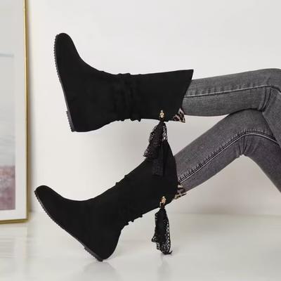 Damen Wildleder Mid-Calf Schnürstiefel mit Blockabsatz, Runde Zehenpartie Übergröße Modeschuhe