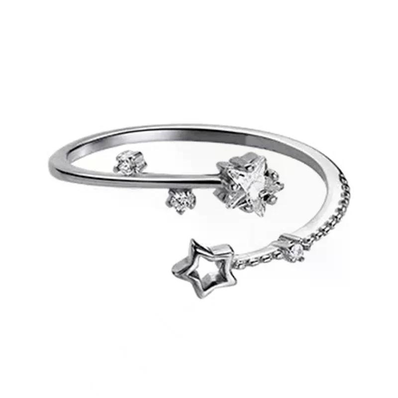 Silver Color Hollow Five-pointed Star Rings For Women Korean Style Opening Adjustable Finger Ring Inlaid Zircon Wedding Jewelry