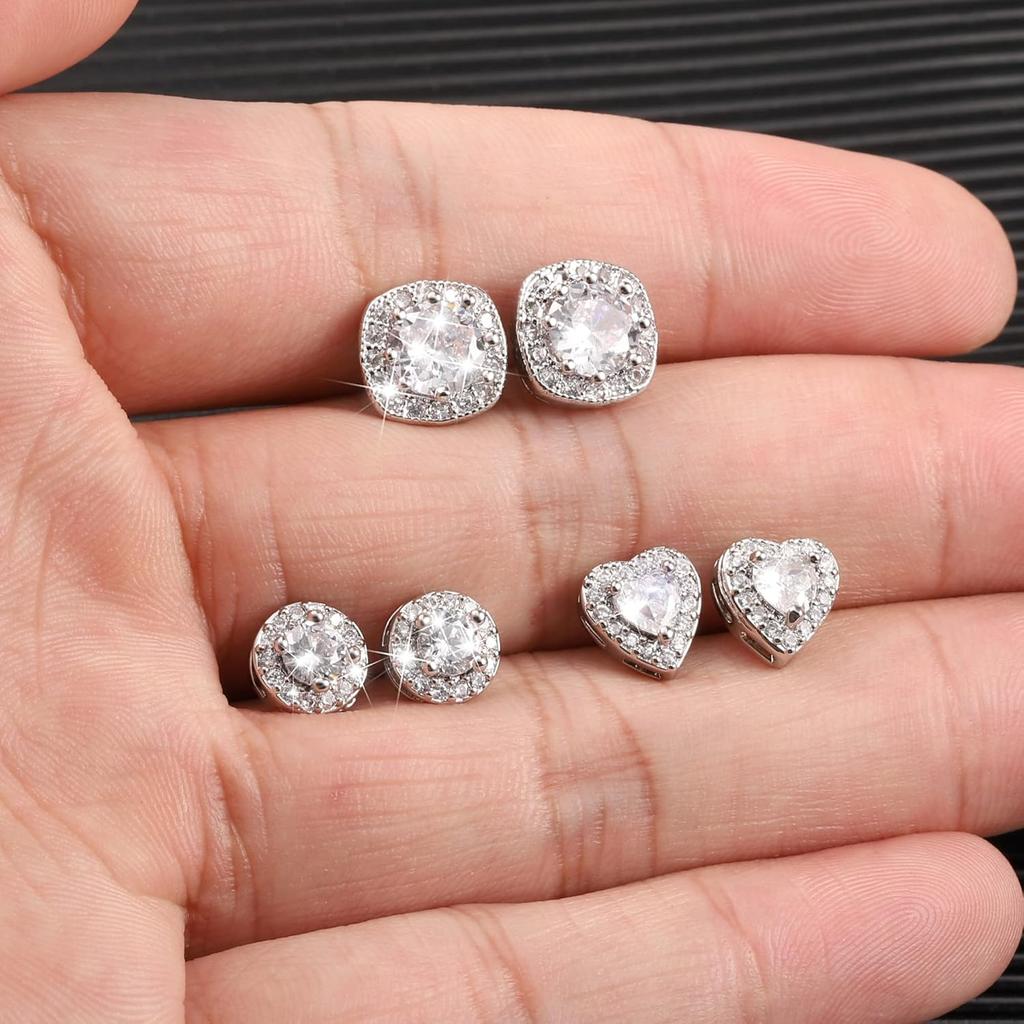 Hypoallergenic Silver Stud Earrings for Women Cubic Zirconia Halo Round Heart Square Diamond Large Silver Stud Set Earring