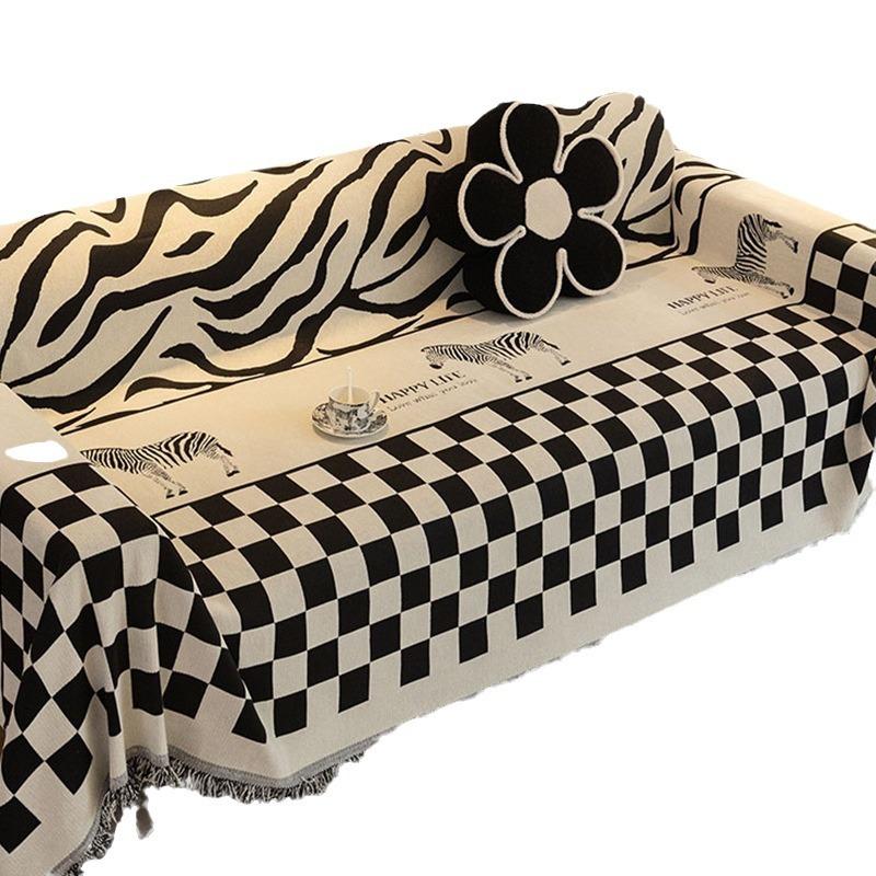 Chenille Czarno-Biała Szachownica Pokrowiec na Sofę Jednoczęściowy Kompleksowy Pełny Zestaw Poduszka na Sofę Cztery Pory Roku Uniwersalny Ręcznik na Sofę