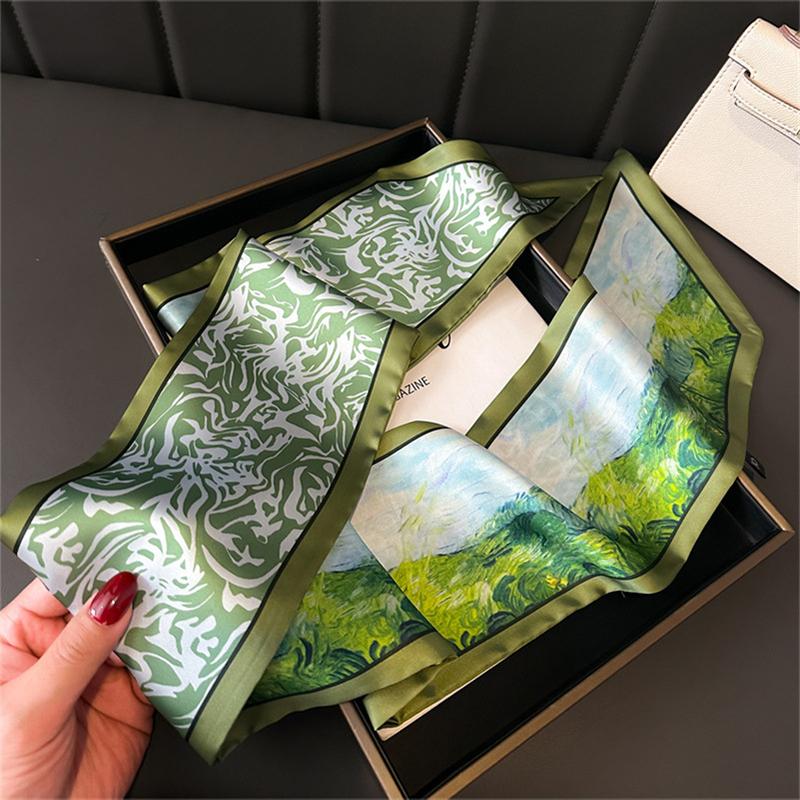 Green Woman Skinny Silk Scarf 147x14cm Long Hair Strip Silk Ribbon Small Neck Scarves Bag Handle Ribbon Kerchief Ladies Tie
