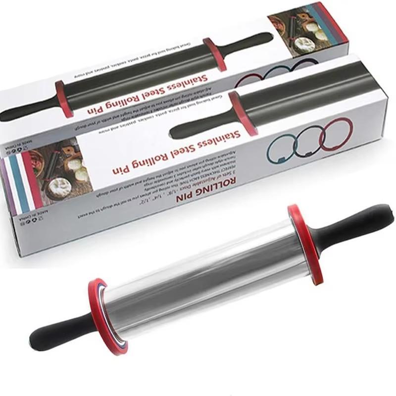 

Скалка из нержавеющей стали с антипригарным покрытием, регулируемая толщина скалки с 3-мя размерами разделительных дисков чёрный