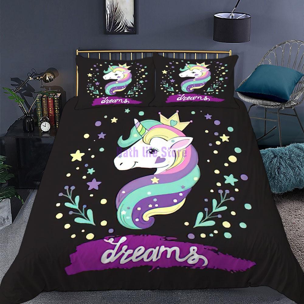 Cartoon Unicorn Lucky Kids Girls Pink Bedding Set Cartoon Duvet Cover Bedcllothes Animal Printed Queen King Size Bed Linens