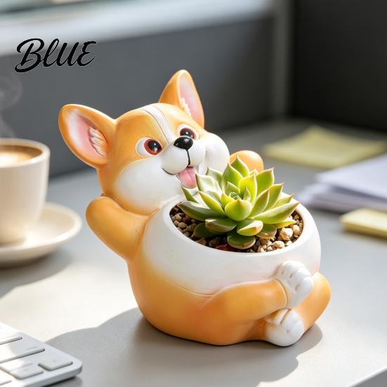 Langlebige Harz-Katzenfigur Pflanzgefäß Fressender Fisch Pflanzgefäß Niedriger Blumentopf mit Drainage Lustiger Kleiner Innenbehälter Corgi für Sukkulenten Pflanzen,