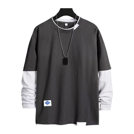Men Spring T-shirt Fake Two-piece Round Neck Long Sleeves Loose Pullover Keep Warm Contrast Color Friendly to Skin Men Top Men Clothes