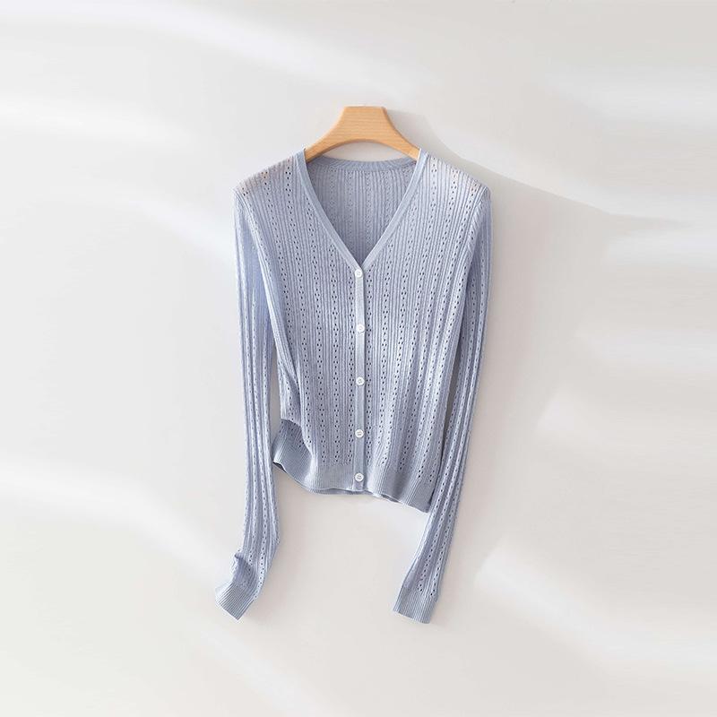 

Тенсел шерсть + шелк летний ажурный вязаный кардиган женский короткий солнцезащитный повседневный универсальный с длинным рукавом тонкий верхний слой L синий