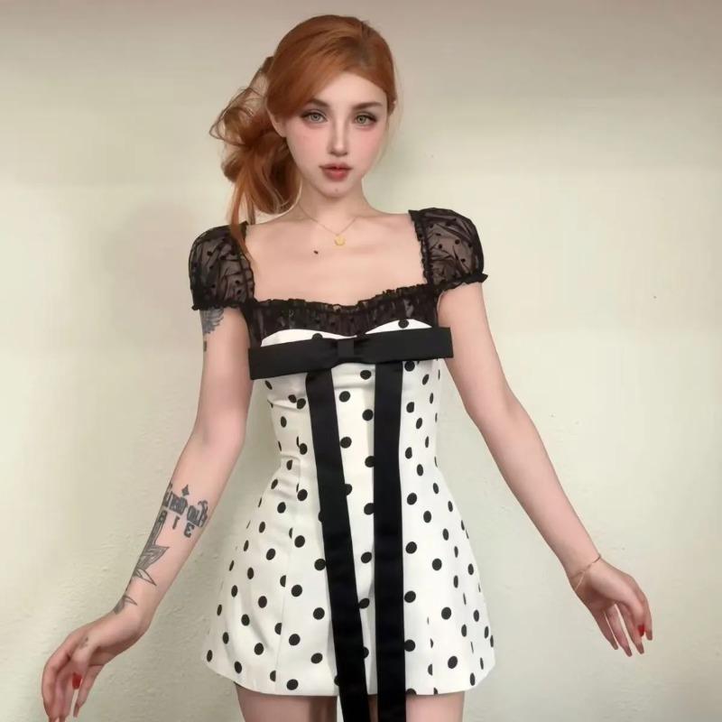 

Женское мини-платье в горошек Белое Черное Кружевное С пышными рукавами С бантом Вечернее платье S белый