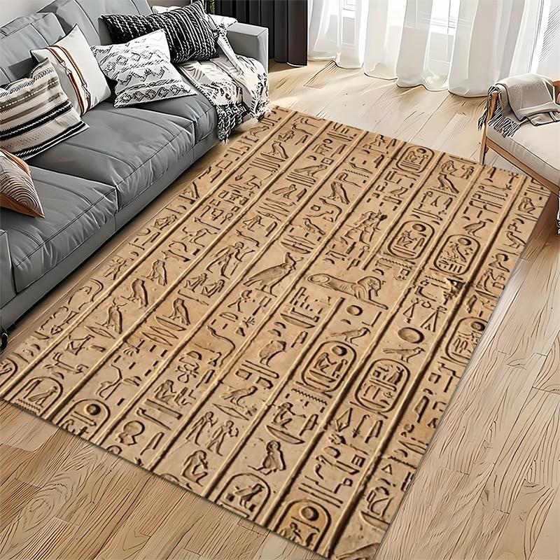 Area Rug, Ancient Egyptian Hieroglyphs Wall Carving Stone Print, Living Room Decor, Non-Slip Mat