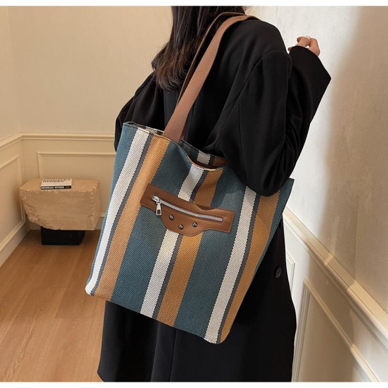 New Women's Bag Trendy Sweet Contrasting Handbag Canvas Bag Striped Tote Bag Large Capacity Shoulder Bag