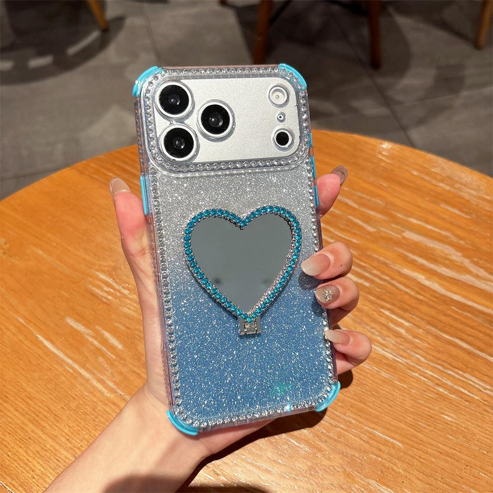 

Love Heart Mirror Folding Stand Glitter Phone Case Ffor iPhone 17 16 Pro Max Air 17Pro 16Pro Rhinestone Armor Shockproof Cover iPhone 16 Plus