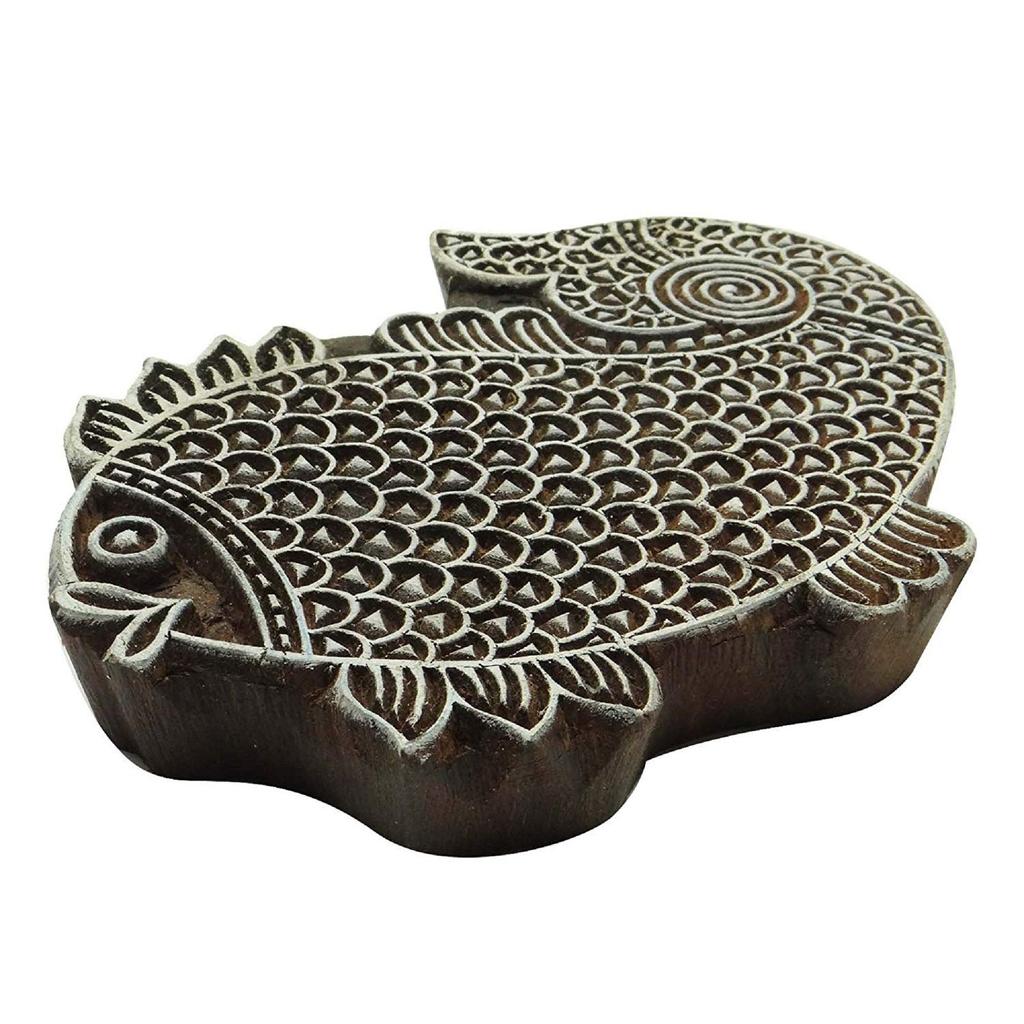 Fish Indian Wood Block Art Handcarved Indian Wooden Stamp Scrapbook Stamp
