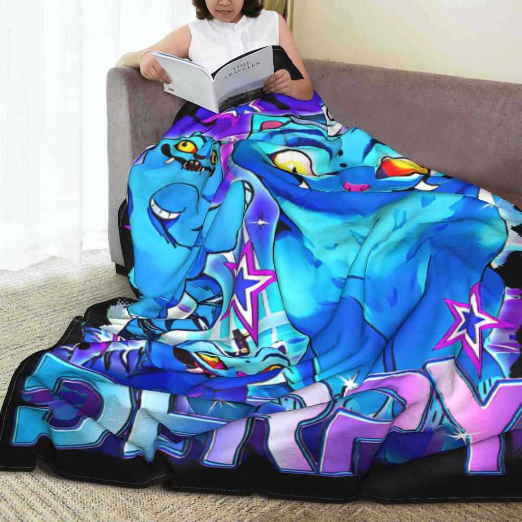 Huntrix Anime Cute Blue Tiger Derpy Blanket Warm Plush Bedding Throws For Couch Bed Decorative Flannel Bedspread Bed Cover