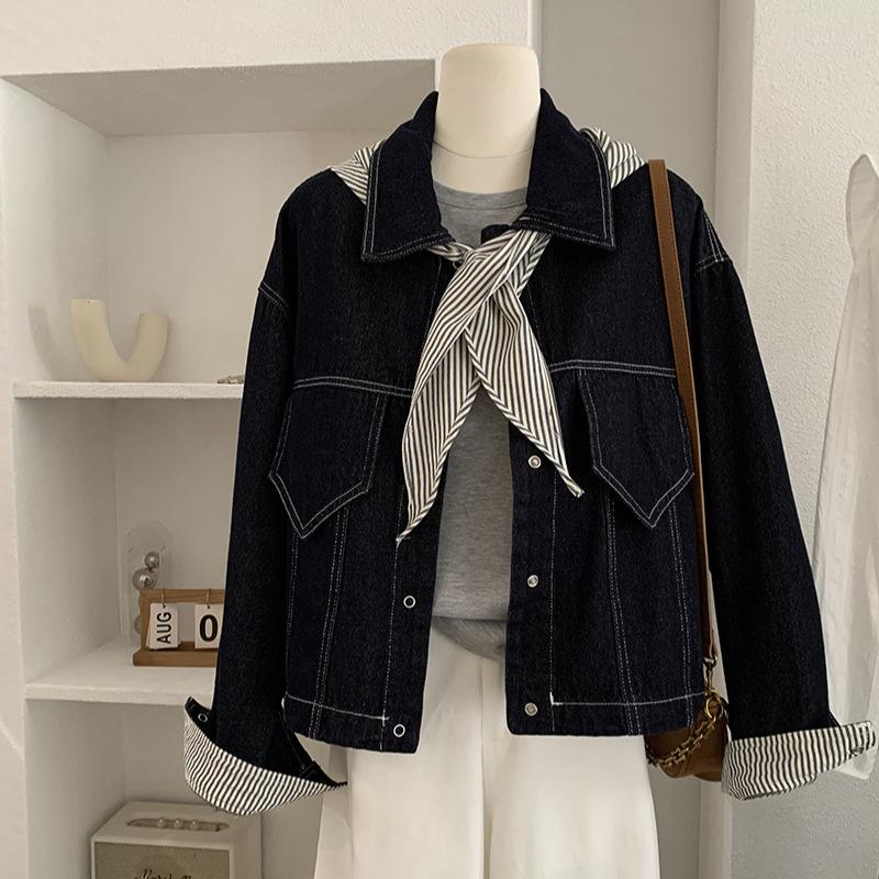 

Autumn Winter Polo-neck Vintage Casual Fashion Shawl Denim Coat Women Striped Patchwork Jacket Cardigan Top onesize