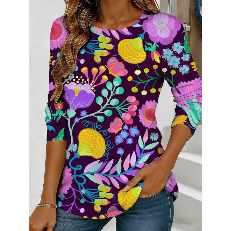 Women's purple floral print long-sleeved loose-fitting round neck top, casual everyday style with an elegant design.