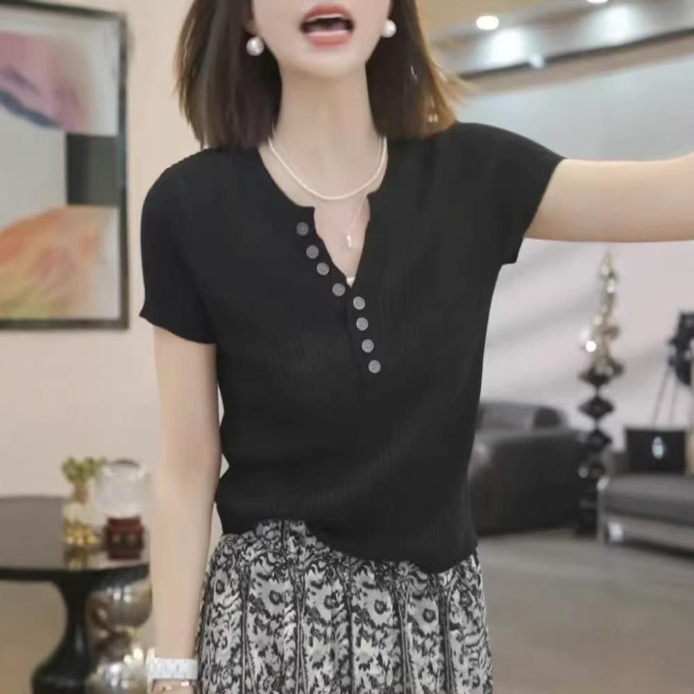 Simple casual semi-open neck knitted short-sleeved t-shirt women's 1116 summer temperament thin versatile bottoming shirt top