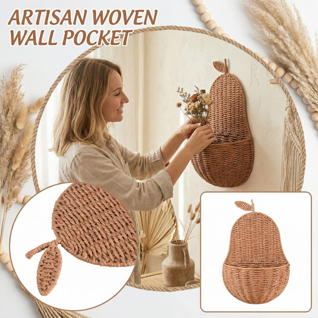 Handwoven Pear Shaped Wicker Wall Basket Natural Storage for Entryway Bathroom Kitchen Nursery Decor