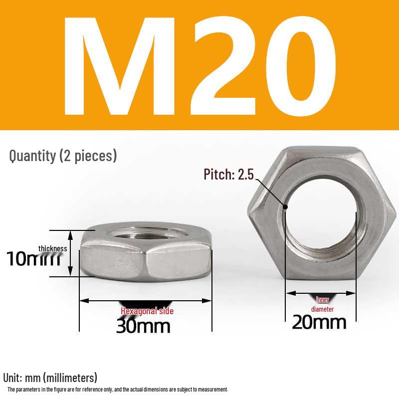 304 Stainless Steel Hex Thin Nut Cap - Sizes M2.5 to M20