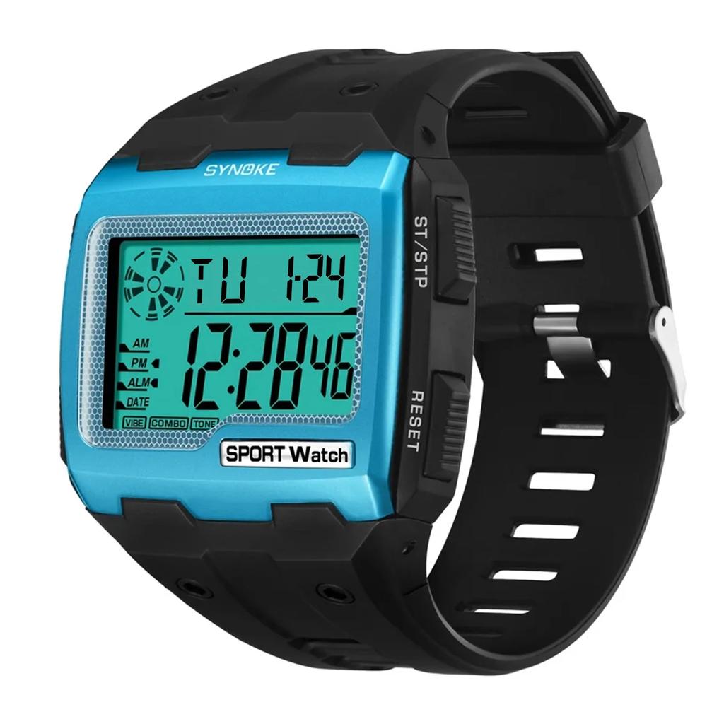 Men's Big Square Dial Digital Sport Watch Multifunction with Alarm Chronograph Week Resistant Repeater