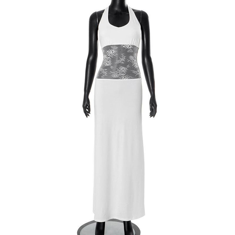 

Western Style Ins New Fashion Hanging Neck U Collar Lace Stitching Long dress Sexy Backless Slim fit Sleeveless Dress White L