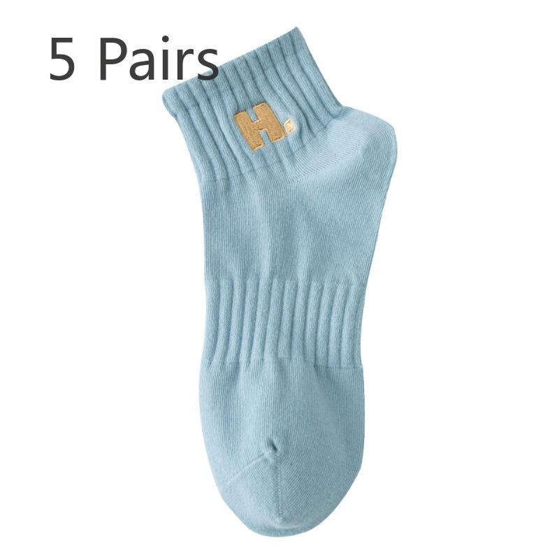5 Pairs of Women's Spring and Autumn Cotton Short Tube Embroidery Sports Boat Socks