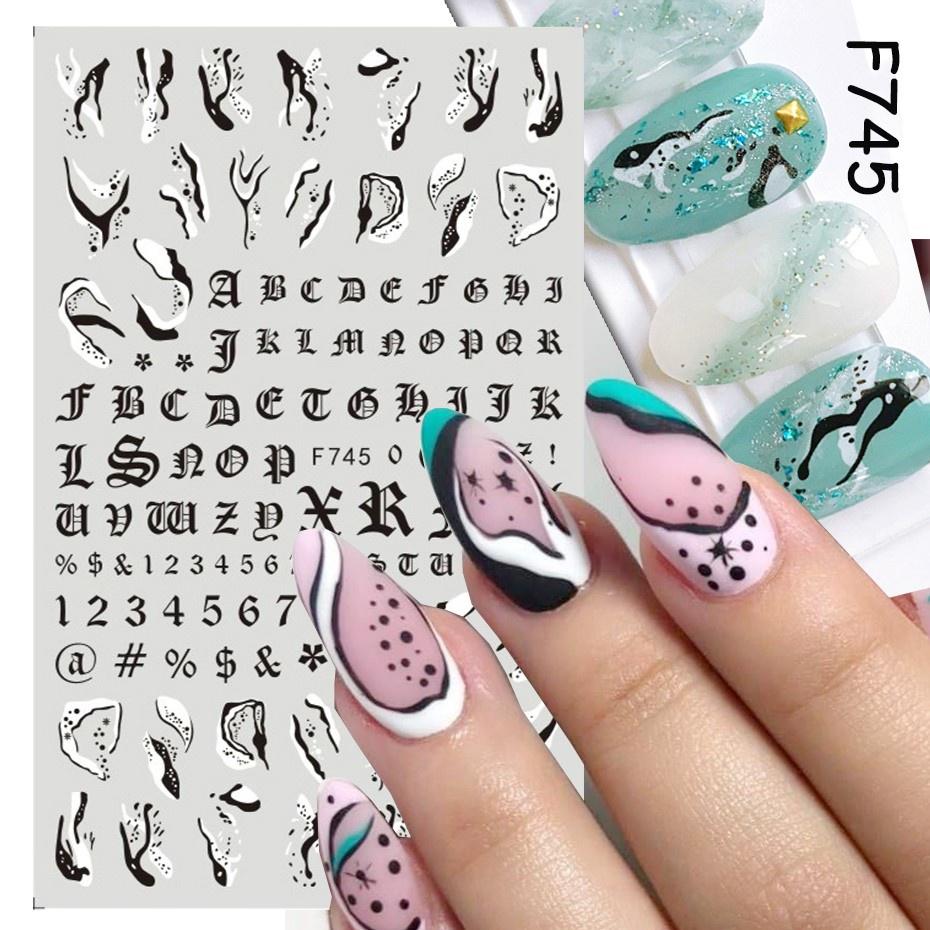 1 ark 3D självhäftande nagelklistermärken Dekaler Bokstav Blomma Löv Fjäril Våglinje Nail Art Decoraton