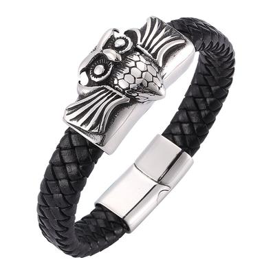 Leather Bracelet Men Charm Owl Bracelet Stainless Steel Bangles Fashion Jewelry Wristband Gift BB0285