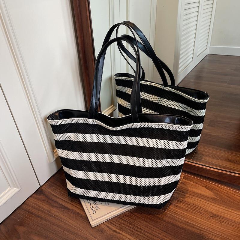 

Летняя полосатая плетеная сумка женская новая модная сумка-тоут простая вместительная сумка для покупок сумка чёрный