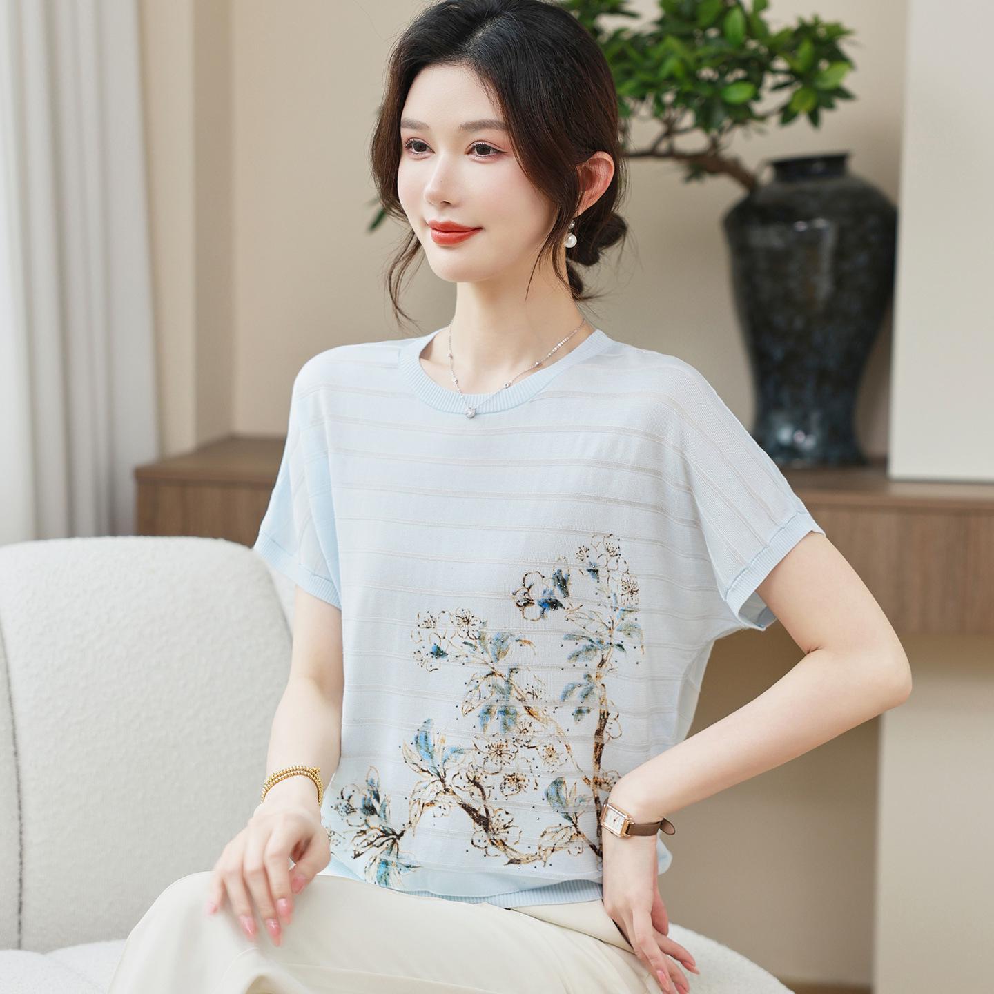 

Chic Ice Silk Short-Sleeve Knit Top for Middle-Aged Women L (80-100 jin) світло-синій колір