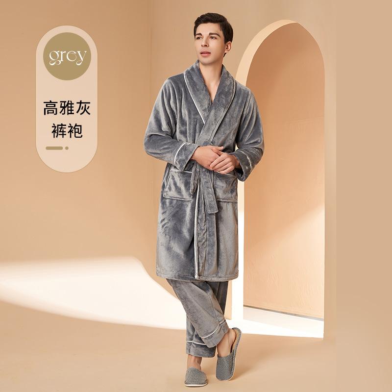 Herbst Winter Warmes 2-teiliges Schlafanzug-Set für Paare Herren Verdickter Korallenfleece Bademantel V-Ausschnitt zum Schnüren Robe mit Taschen