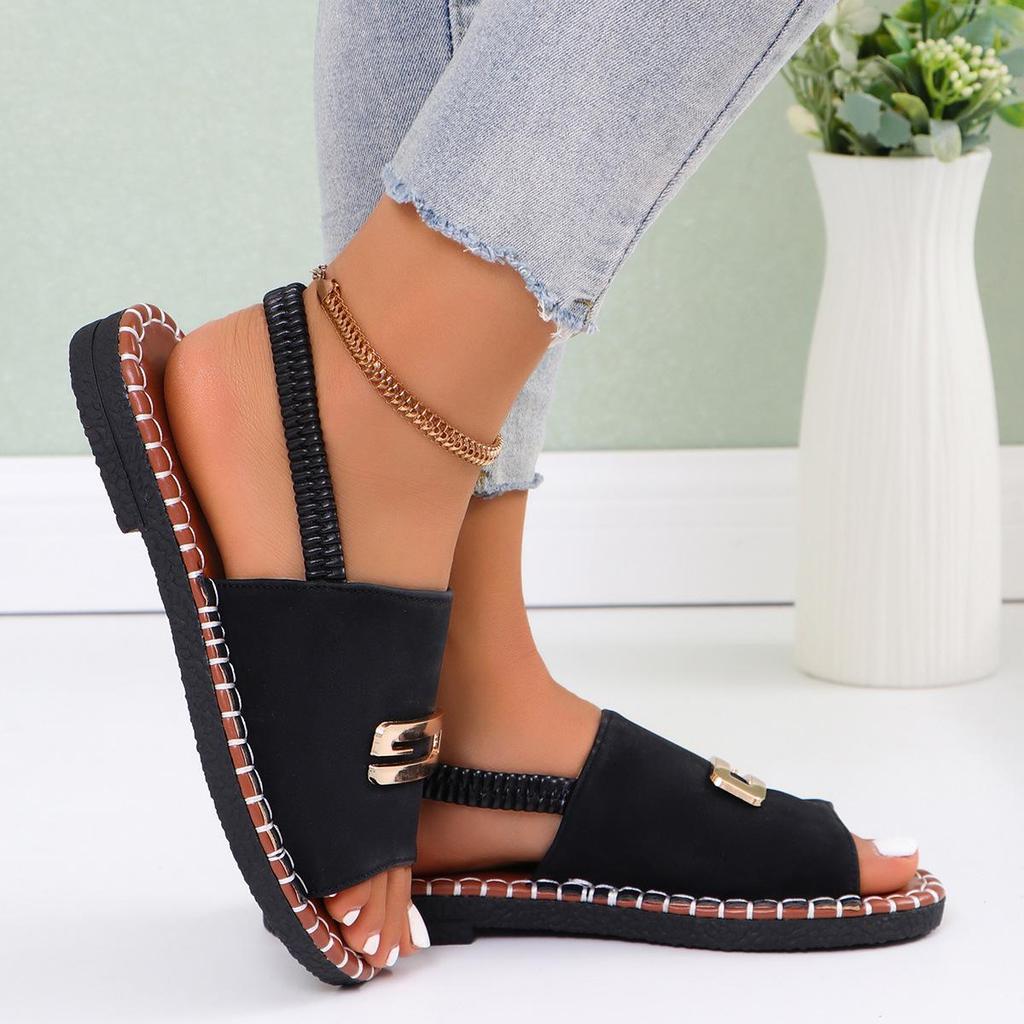 Women's European & American Flat Sandals with Elastic Fabric Band and Metal Accents, Plus Size, Beach-Ready.